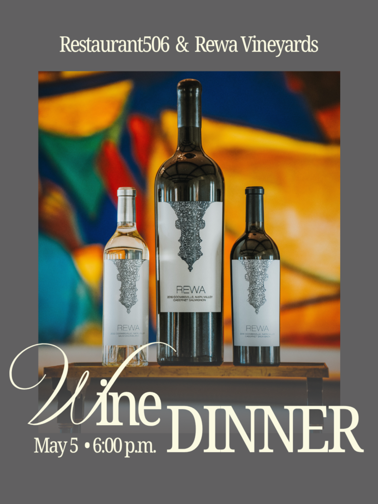 Rewa Wine Dinner promo showing their wine bottles in front of a colorful painting.